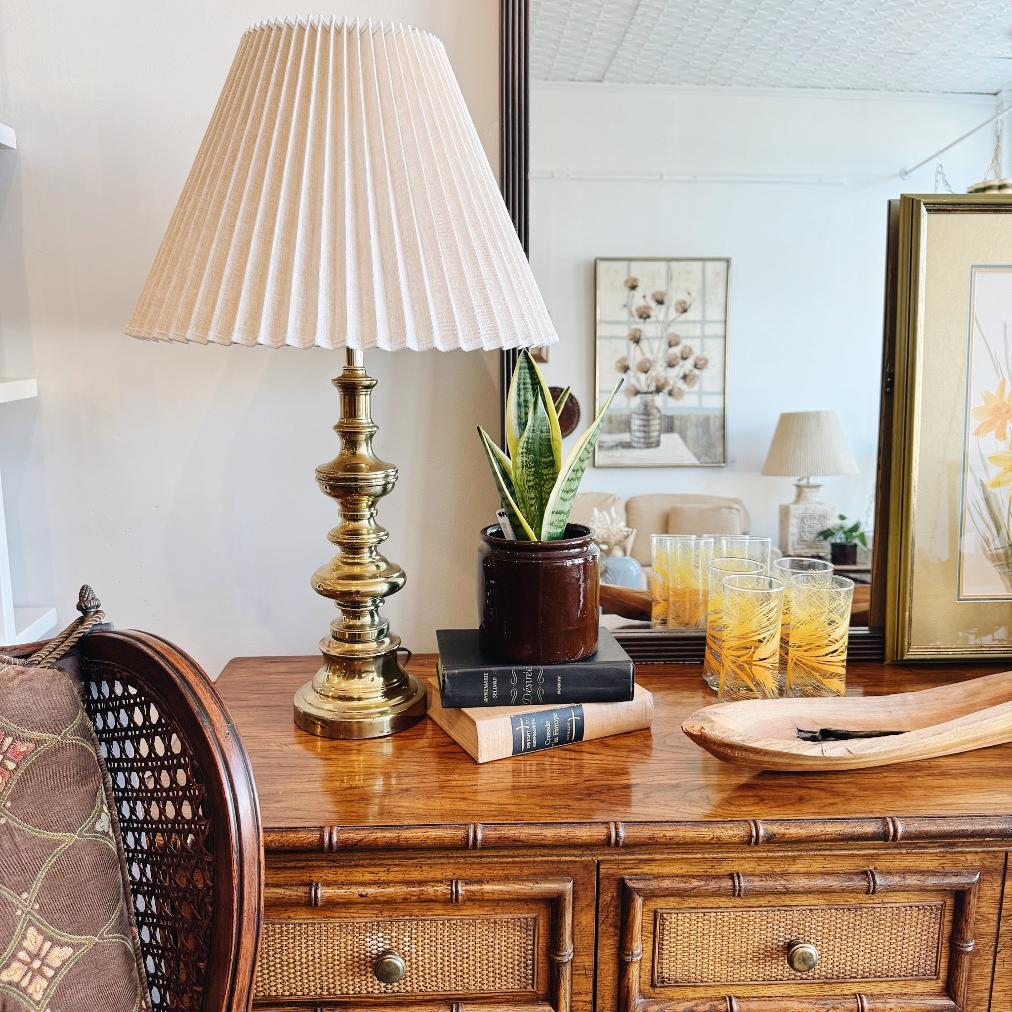 Brass Table Lamp with Pleated Shade